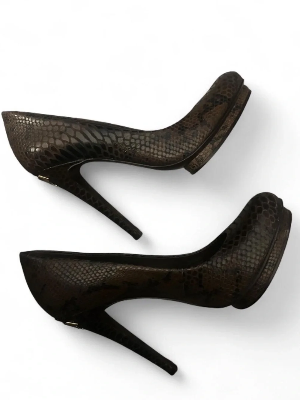 Tory Burch Jude Brown Snake Print Pumps with Gold Logo Heels